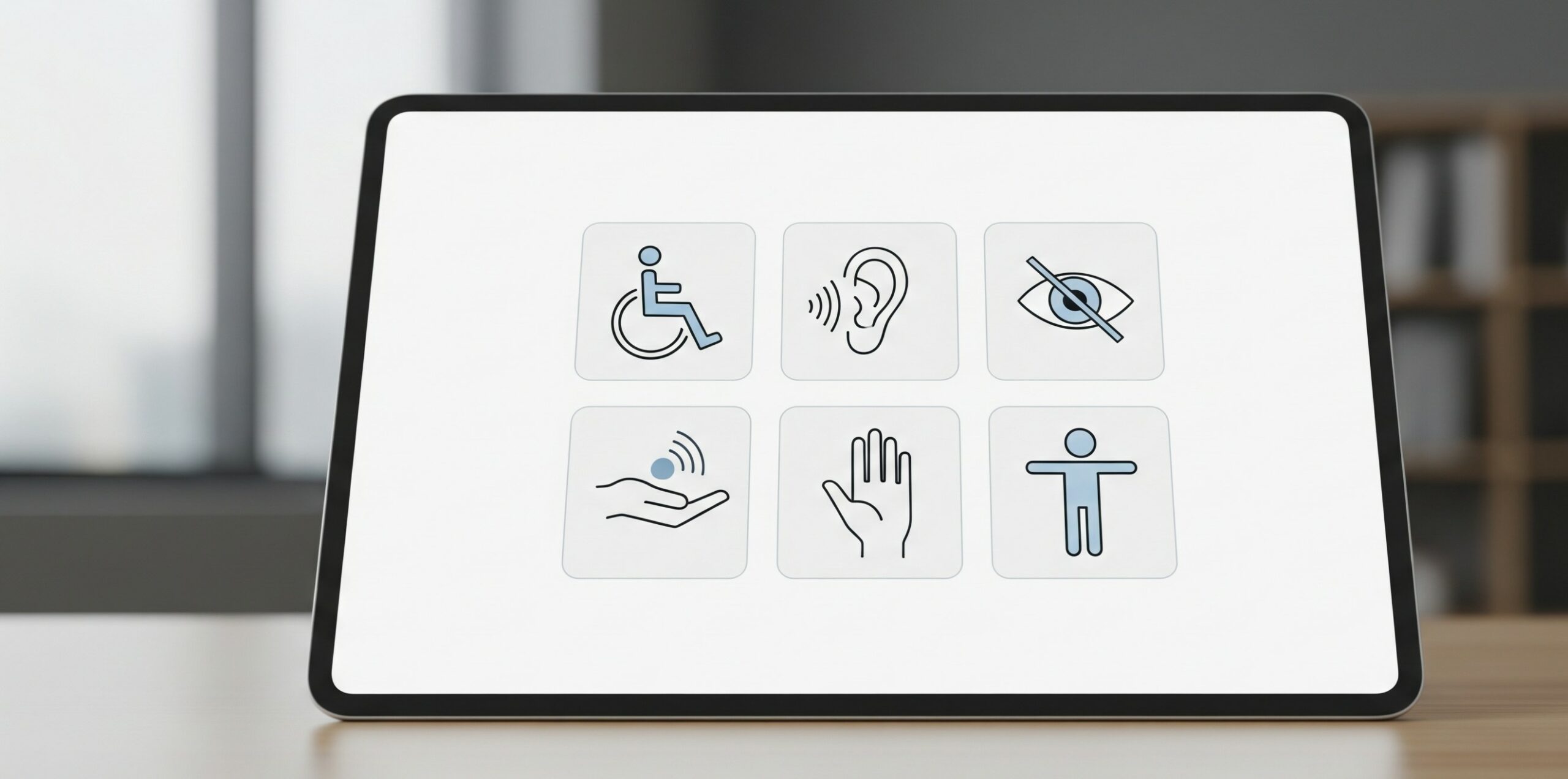 Deklaracja dostępności - grafika przedstawia ekran tabletu z wyświetlonymi na nim ikonami związanymi z niepełnosprawnością: człowiek na wózku, ucho, przekreślone oko, dłoń