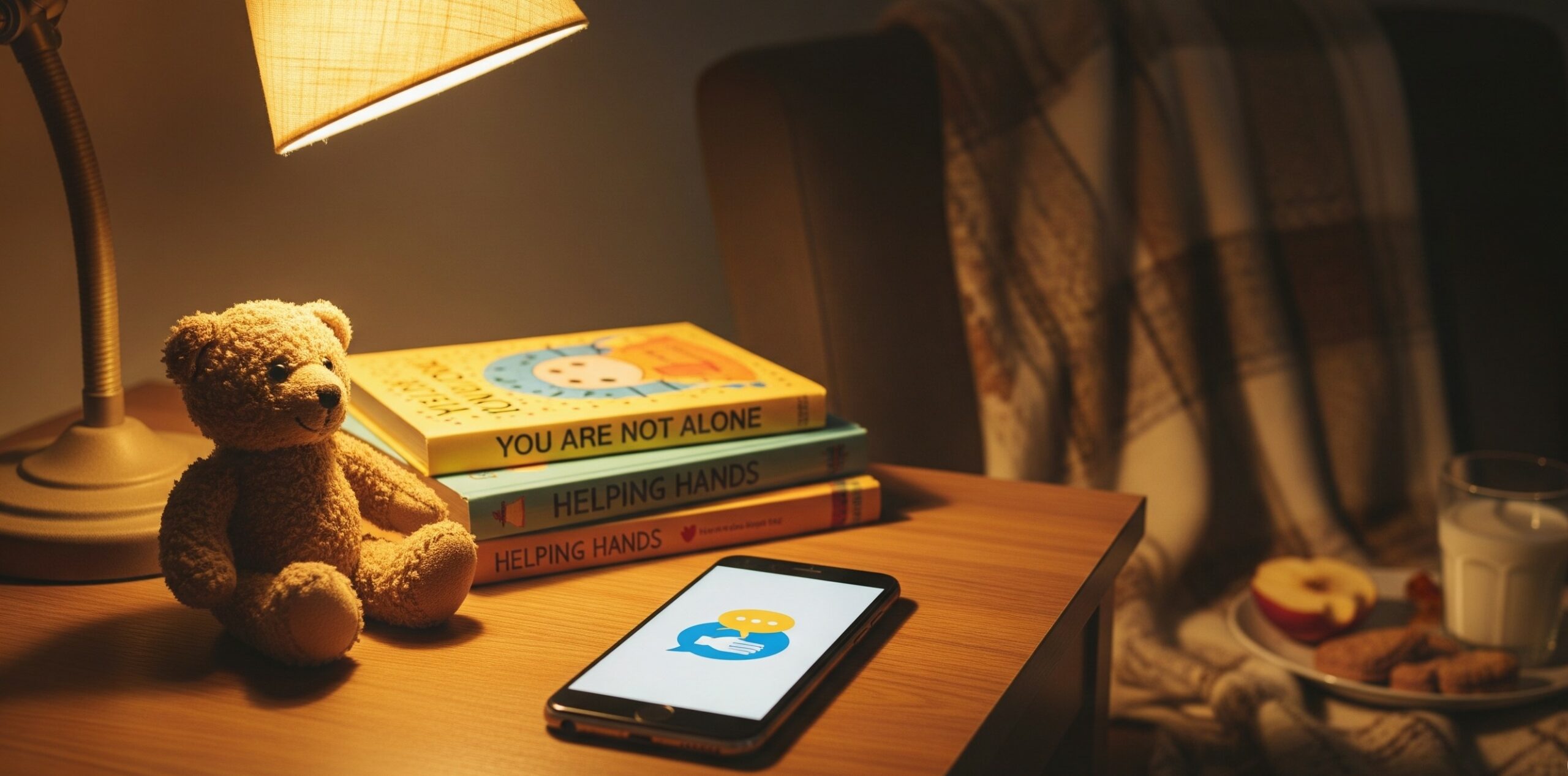 Biurko z leżącym na niej telefonem obok którego siedzi pluszowy misiu oraz położone są książki
